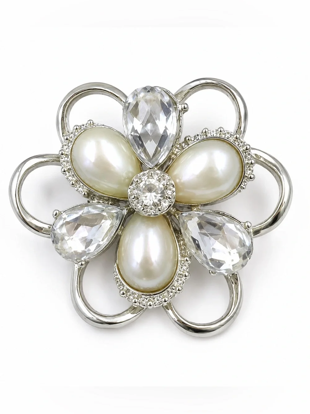 Vintage Silver Tone Faux Pearl & Crystal Flower‎ Brooch Pin Floral Statement 2”